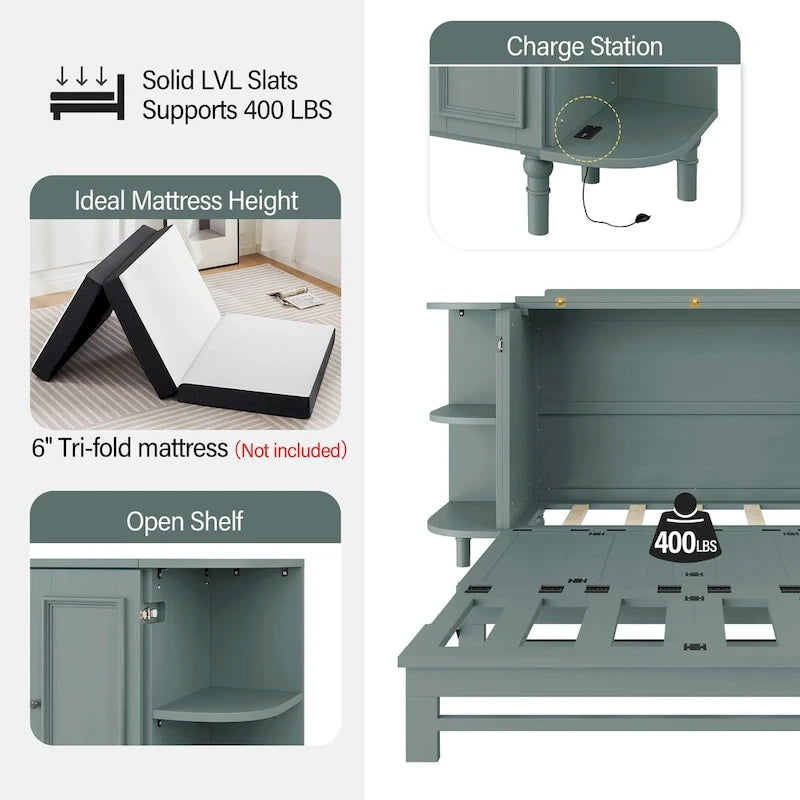 Farmhouse Murphy Bed with Curved Shelves and Charging Station