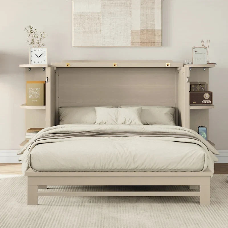 Farmhouse Murphy Bed with Curved Shelves and Charging Station