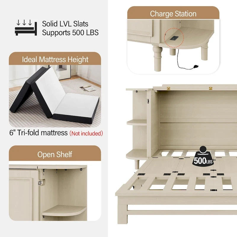 Farmhouse Murphy Bed with Curved Shelves and Charging Station