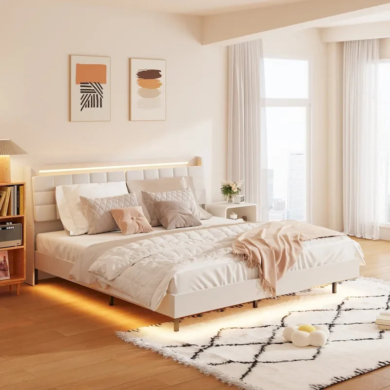 Beige King Size Floating Upholstered Platform Bed with LED Lights and Hidden Storage