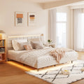 Beige King Size Floating Upholstered Platform Bed with LED Lights and Hidden Storage