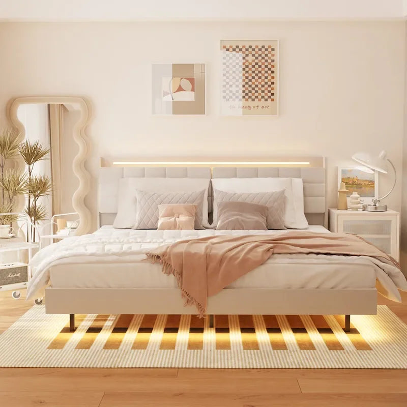 Beige King Size Floating Upholstered Platform Bed with LED Lights and Hidden Storage