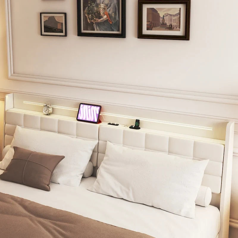 Beige King Size Floating Upholstered Platform Bed with LED Lights and Hidden Storage