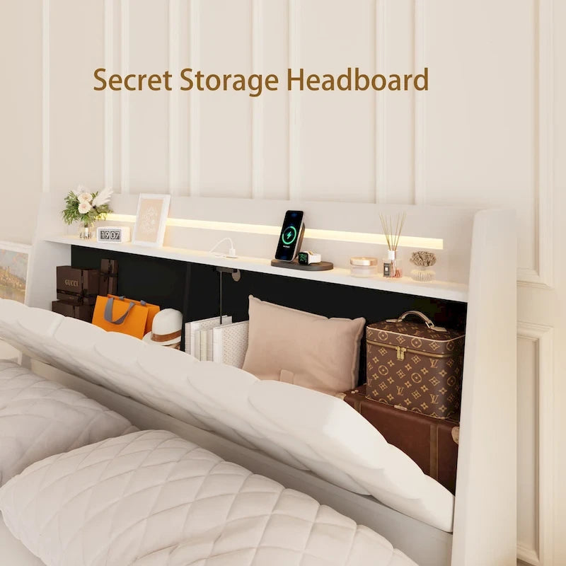 Beige King Size Floating Upholstered Platform Bed with LED Lights and Hidden Storage