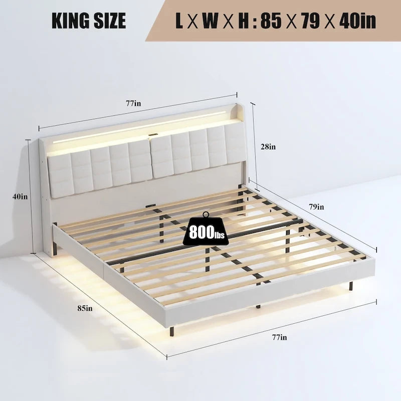 Beige King Size Floating Upholstered Platform Bed with LED Lights and Hidden Storage