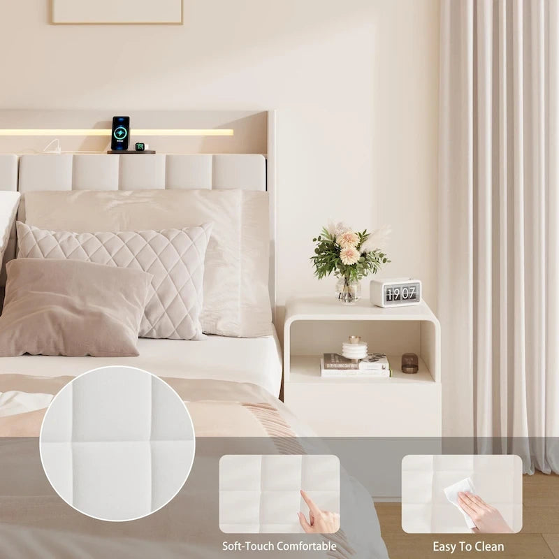 Beige King Size Floating Upholstered Platform Bed with LED Lights and Hidden Storage