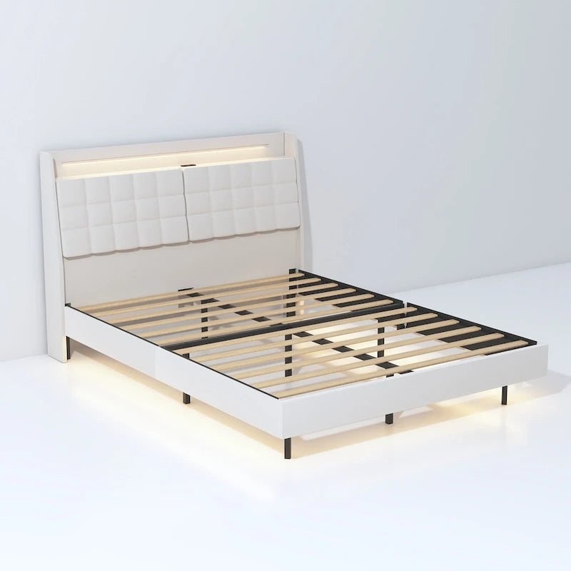 Beige King Size Floating Upholstered Platform Bed with LED Lights and Hidden Storage