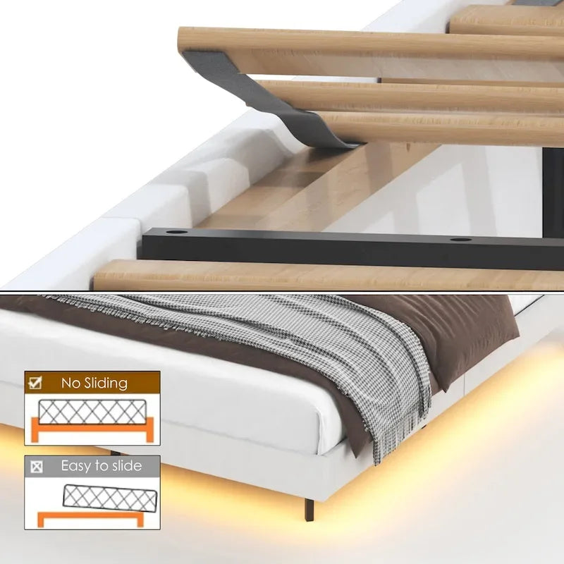 Beige King Size Floating Upholstered Platform Bed with LED Lights and Hidden Storage