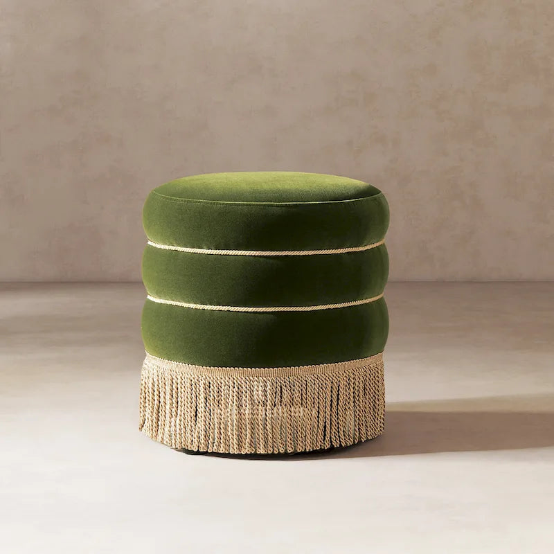 17.5 Round Upholstered Ottoman with Gold Bullion Fringe