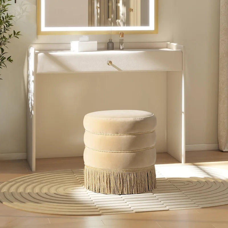 17.5 Round Upholstered Ottoman with Gold Bullion Fringe