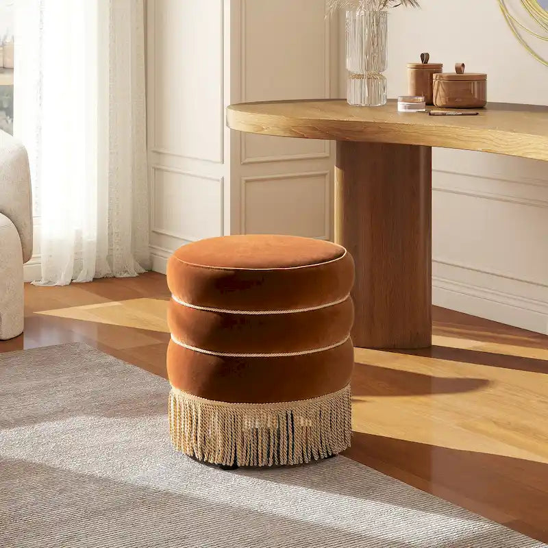 17.5 Round Upholstered Ottoman with Gold Bullion Fringe