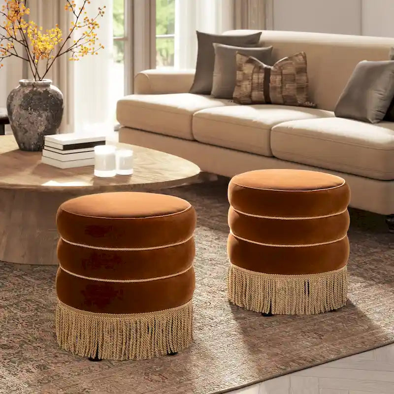 17.5 Round Upholstered Ottoman with Gold Bullion Fringe