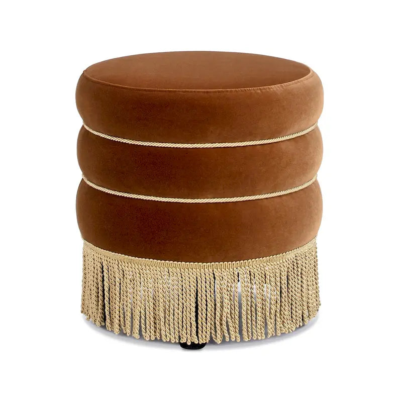17.5 Round Upholstered Ottoman with Gold Bullion Fringe