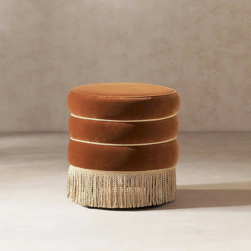 17.5 Round Upholstered Ottoman with Gold Bullion Fringe