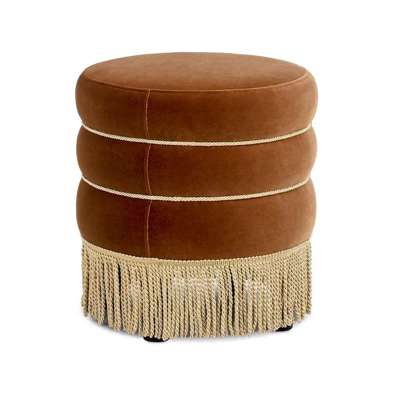 17.5 Round Upholstered Ottoman with Gold Bullion Fringe