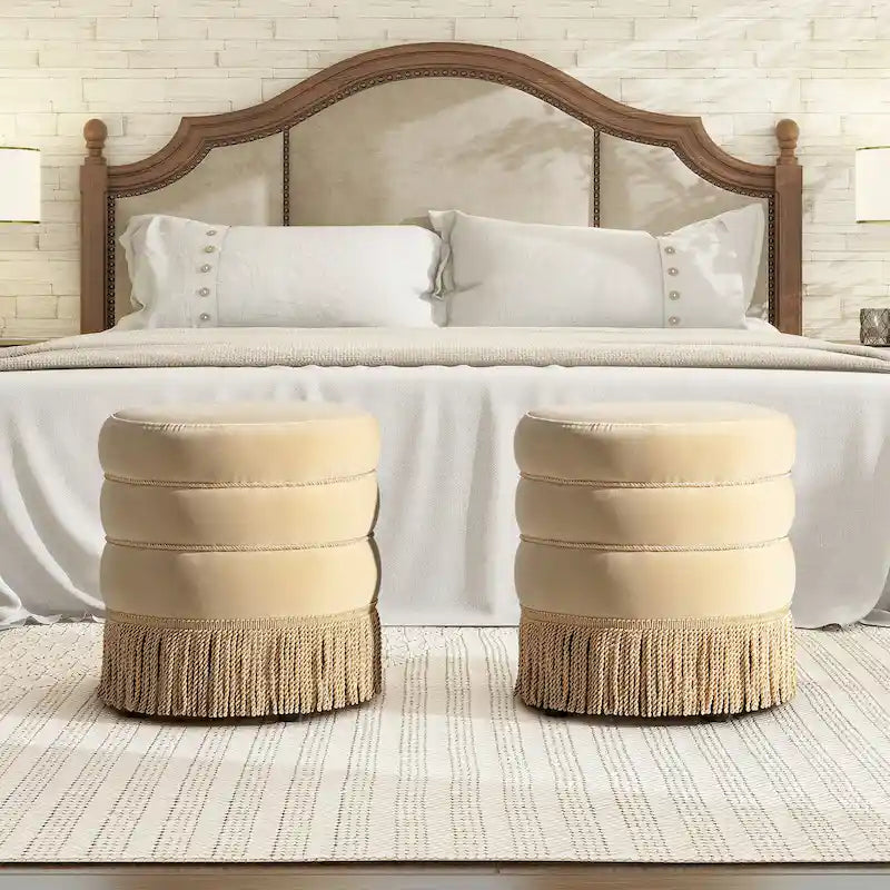 17.5 Round Upholstered Ottoman with Gold Bullion Fringe