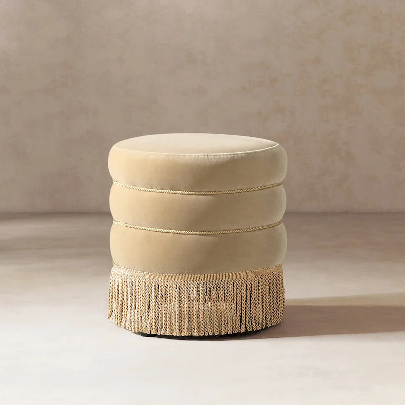 17.5 Round Upholstered Ottoman with Gold Bullion Fringe