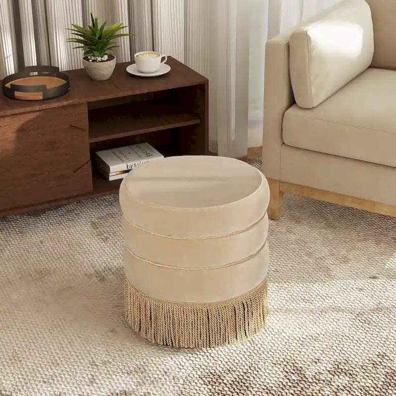 17.5 Round Upholstered Ottoman with Gold Bullion Fringe