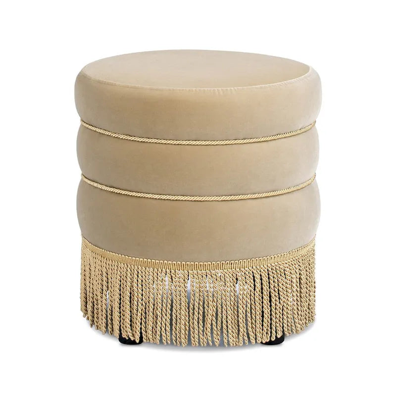 17.5 Round Upholstered Ottoman with Gold Bullion Fringe