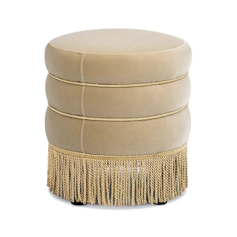 17.5 Round Upholstered Ottoman with Gold Bullion Fringe