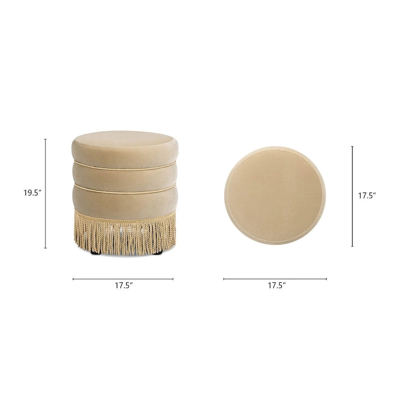 17.5 Round Upholstered Ottoman with Gold Bullion Fringe