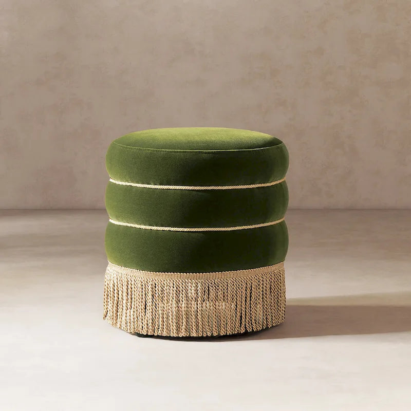 17.5 Round Upholstered Ottoman with Gold Bullion Fringe
