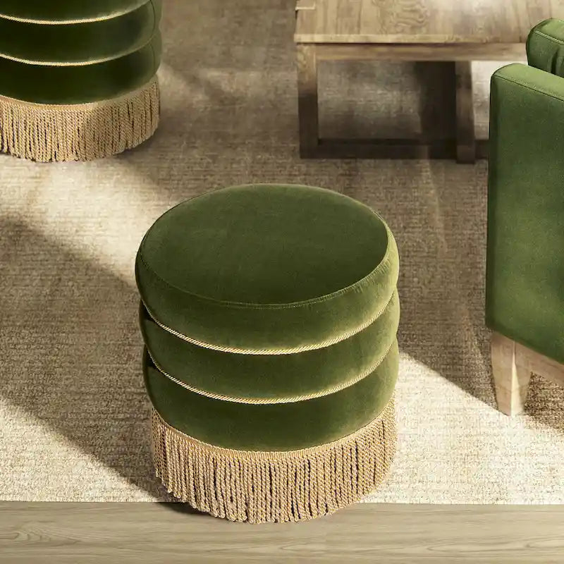 17.5 Round Upholstered Ottoman with Gold Bullion Fringe