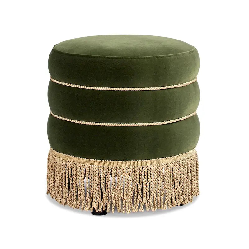 17.5 Round Upholstered Ottoman with Gold Bullion Fringe
