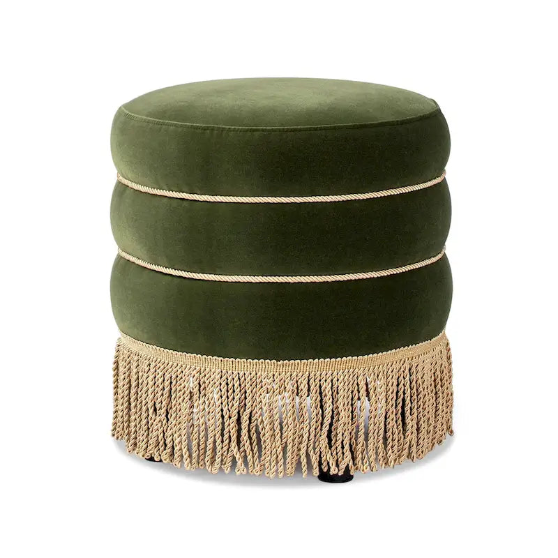 17.5 Round Upholstered Ottoman with Gold Bullion Fringe