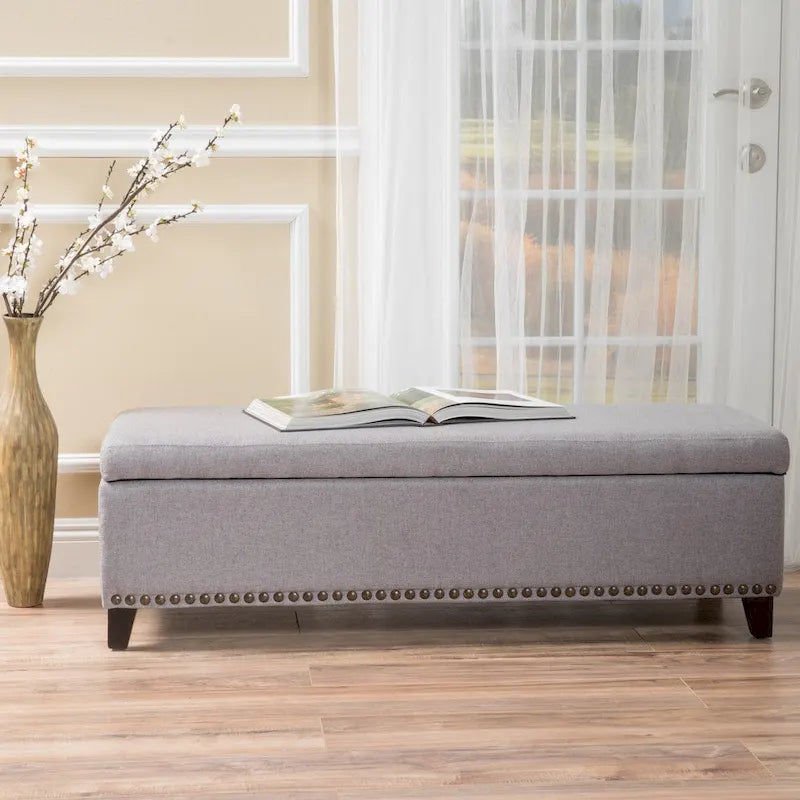 Fabric Storage Ottoman Bench with Studded Base