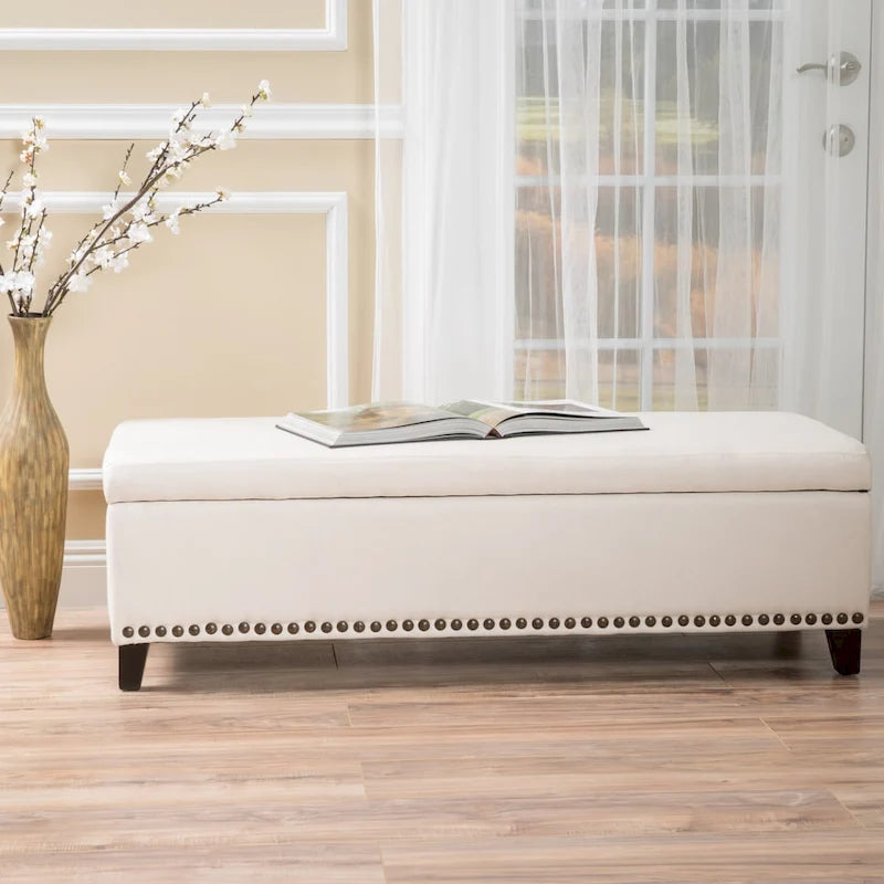 Fabric Storage Ottoman Bench with Studded Base