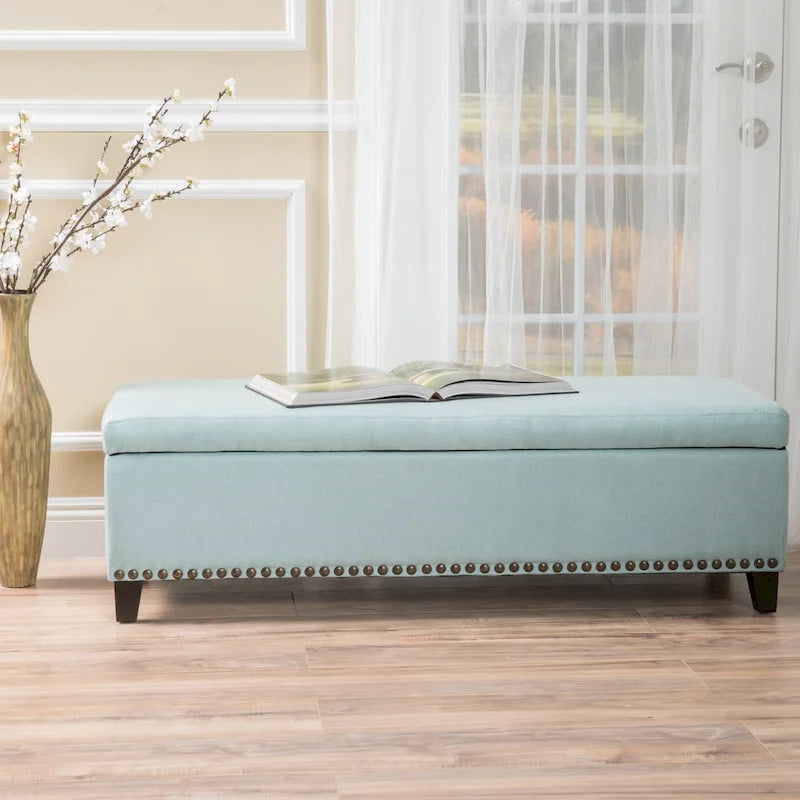 Fabric Storage Ottoman Bench with Studded Base