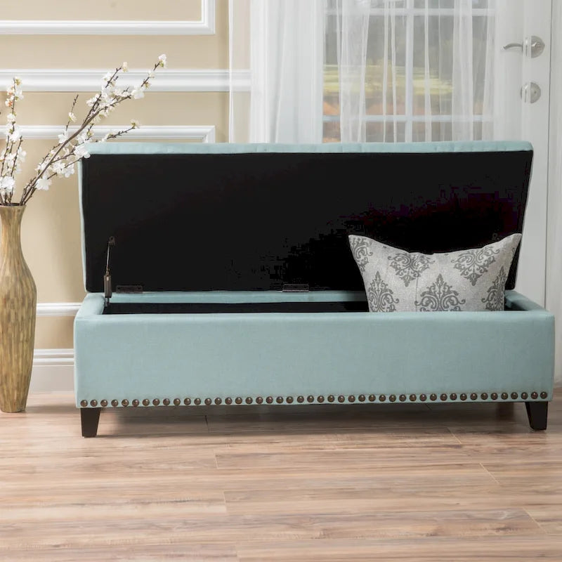 Fabric Storage Ottoman Bench with Studded Base