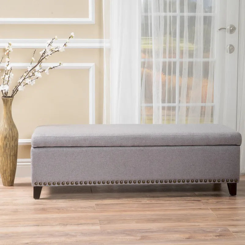Fabric Storage Ottoman Bench with Studded Base
