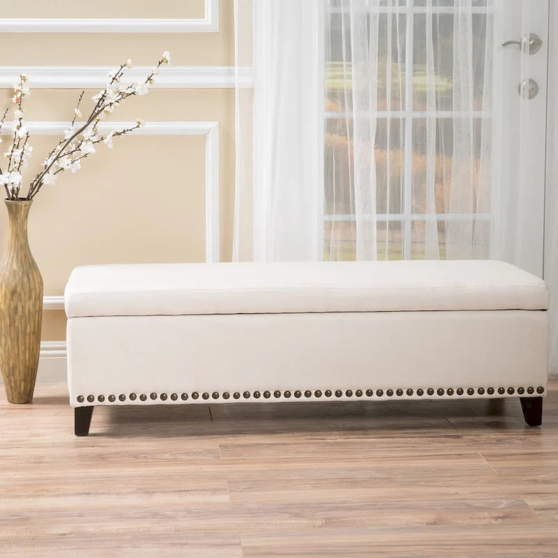 Fabric Storage Ottoman Bench with Studded Base