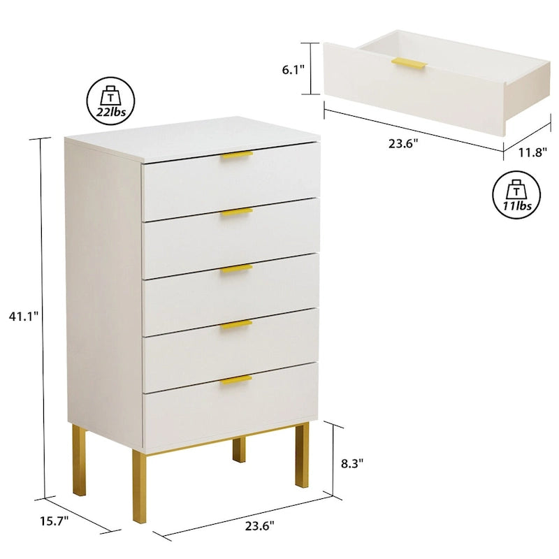 5 Drawer Dresser Chest of Drawers with Metal Legs