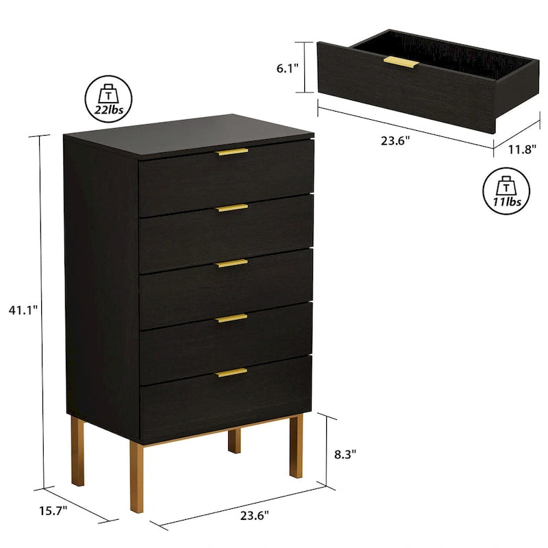 5 Drawer Dresser Chest of Drawers with Metal Legs