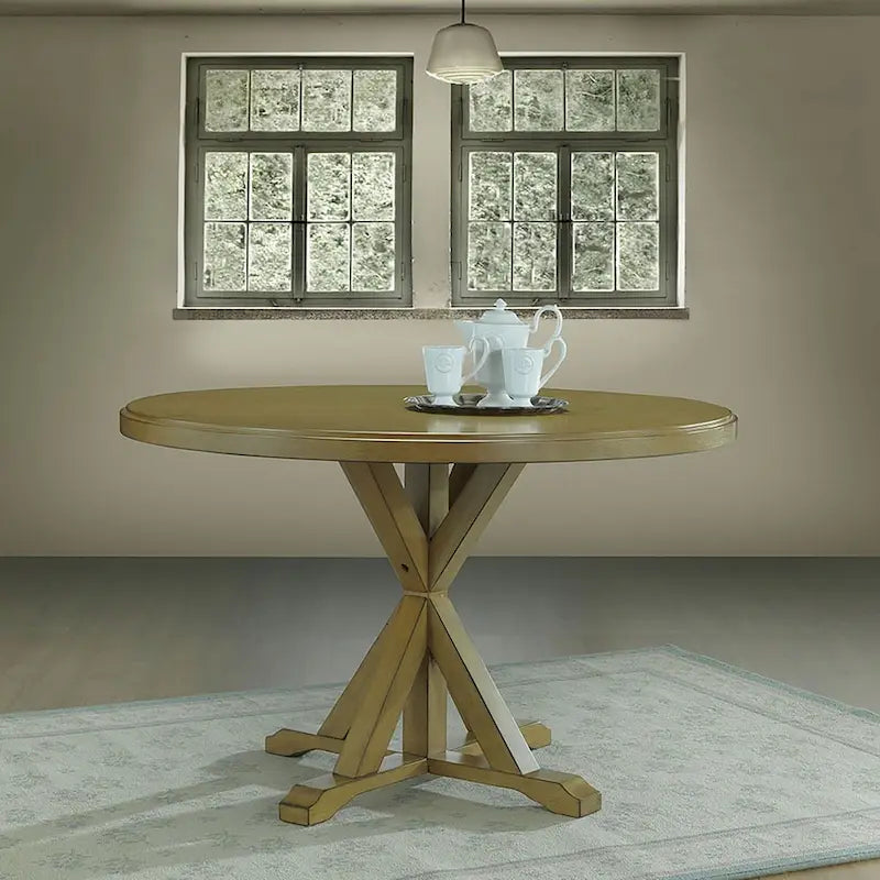 Round Pedestal X Base Dining Table with Elegant Multi-Step Finish