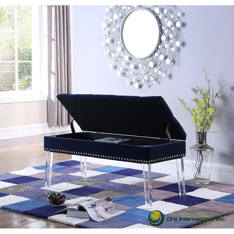 Mid-Century Tufted Upholstered Storage Bench with Acrylic Legs