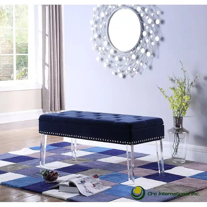 Mid-Century Tufted Upholstered Storage Bench with Acrylic Legs