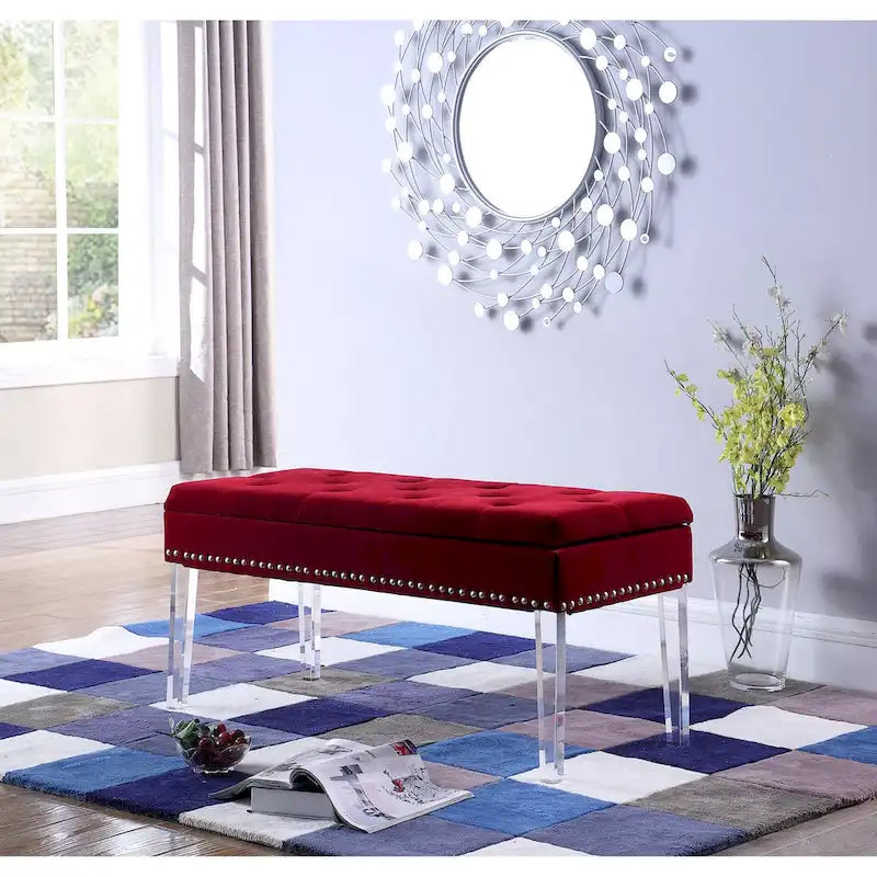 Mid-Century Tufted Upholstered Storage Bench with Acrylic Legs