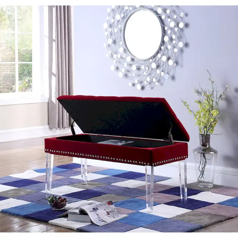 Mid-Century Tufted Upholstered Storage Bench with Acrylic Legs