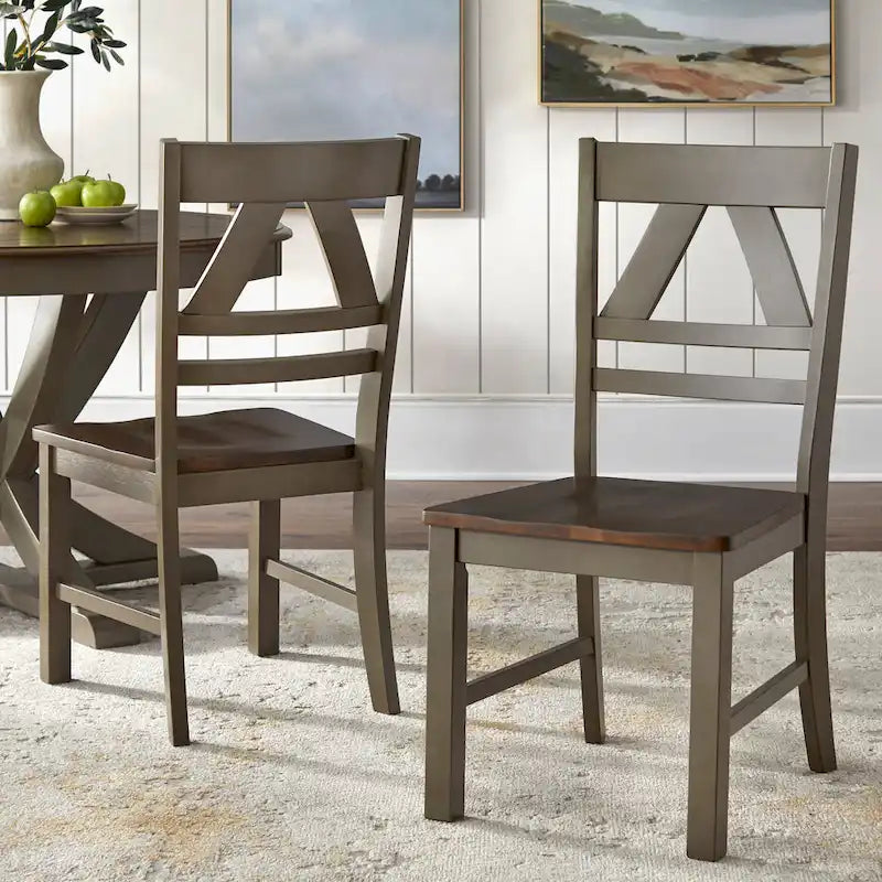 Country Style Rubberwood Dining Chairs with Antique Finish, Set of 2