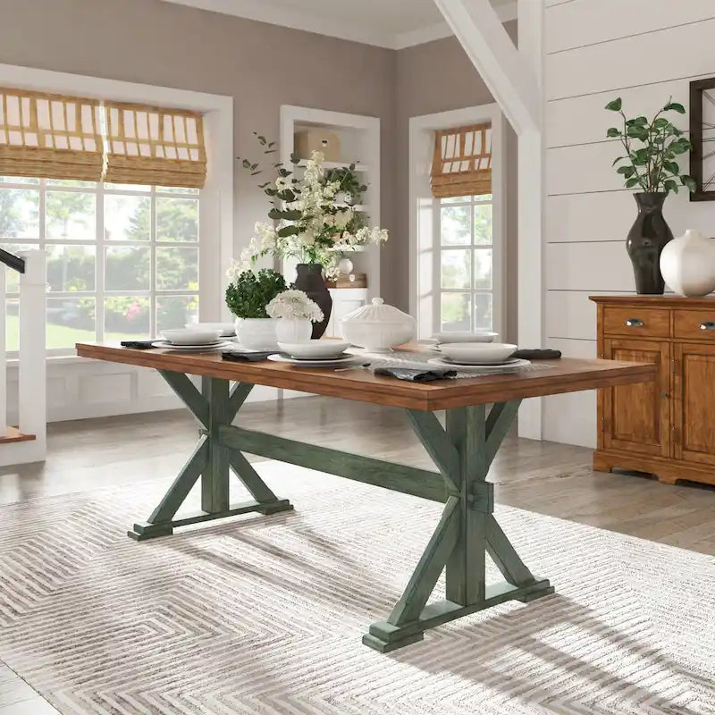 78-inch Solid Wood Oak Dining Table with X-shaped Trestle Base