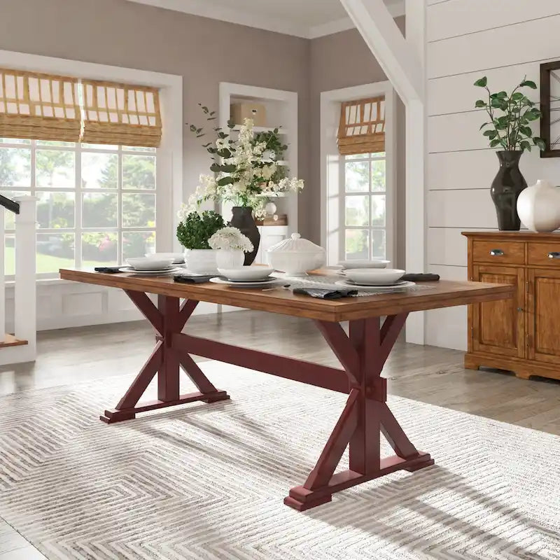 78-inch Solid Wood Oak Dining Table with X-shaped Trestle Base