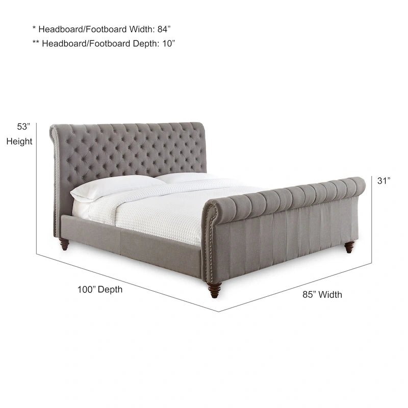 Upholstered Tufted Bed with Rolled Headboard and Footboard Queen King