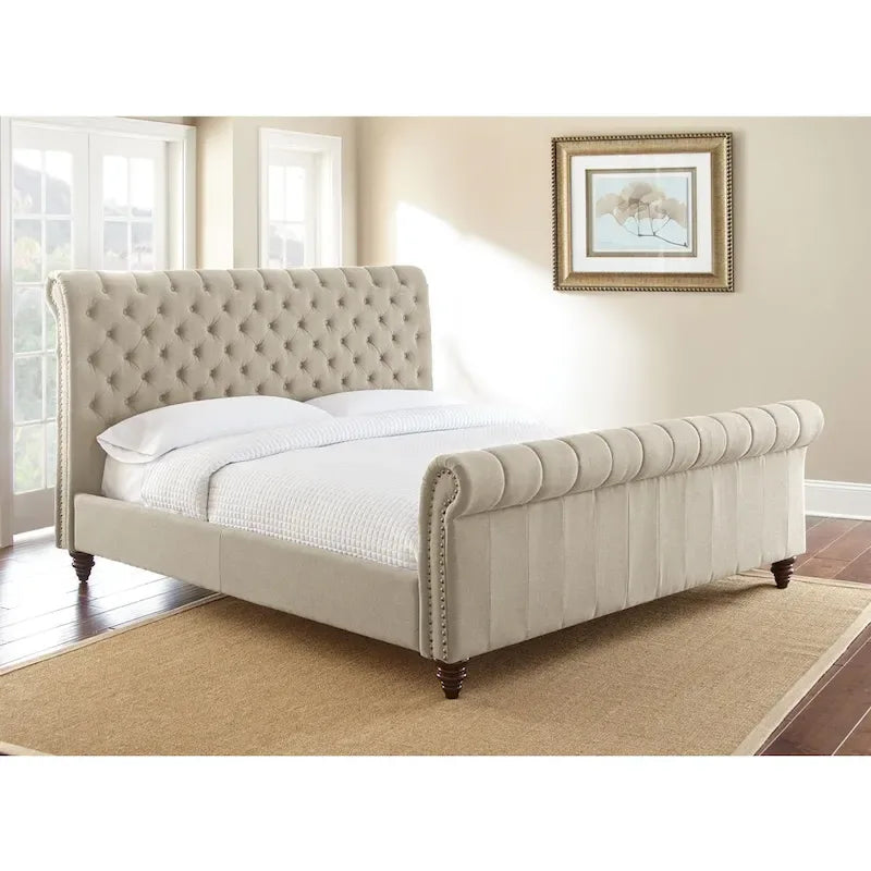 Upholstered Tufted Bed with Rolled Headboard and Footboard Queen King