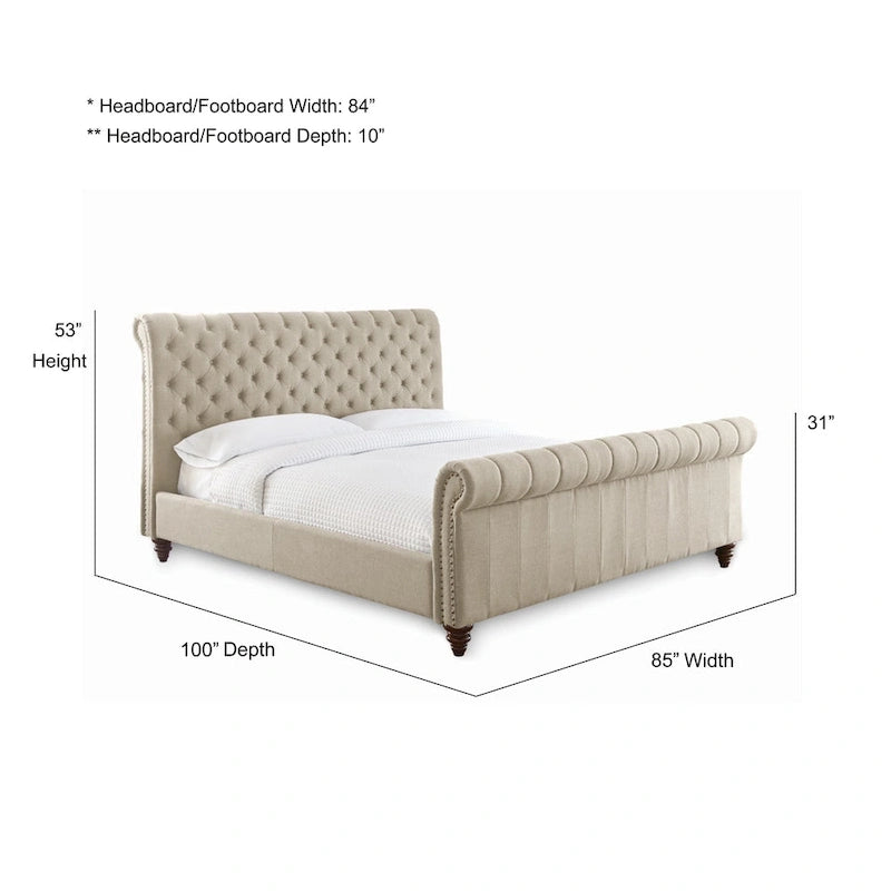 Upholstered Tufted Bed with Rolled Headboard and Footboard Queen King