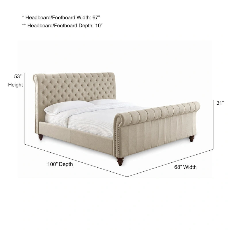 Upholstered Tufted Bed with Rolled Headboard and Footboard Queen King