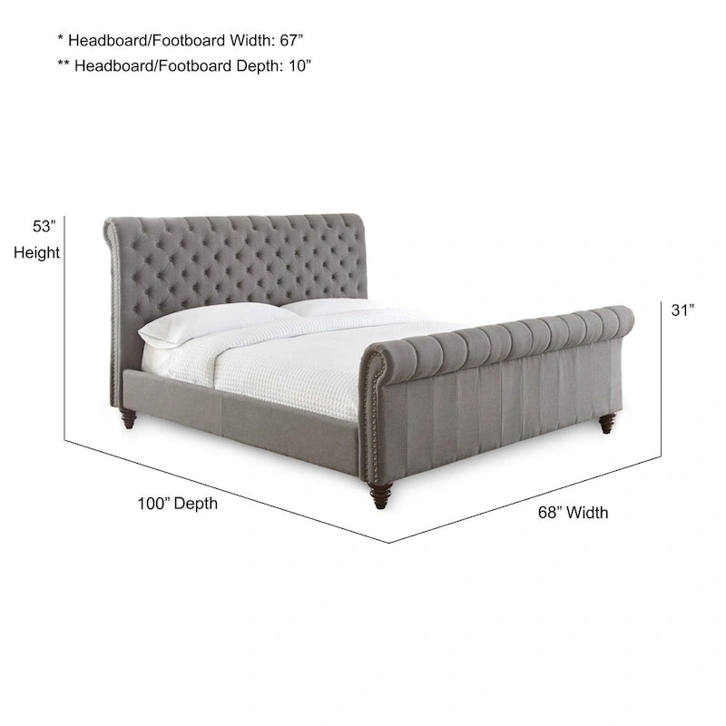 Upholstered Tufted Bed with Rolled Headboard and Footboard Queen King